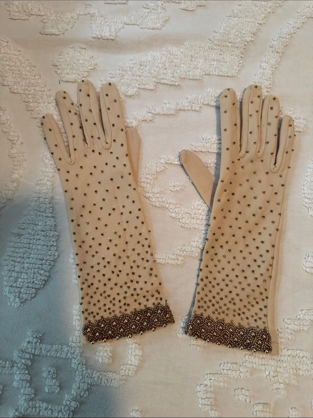 Beaded Beige Long Women's Gloves - Elegant Evening Accessory